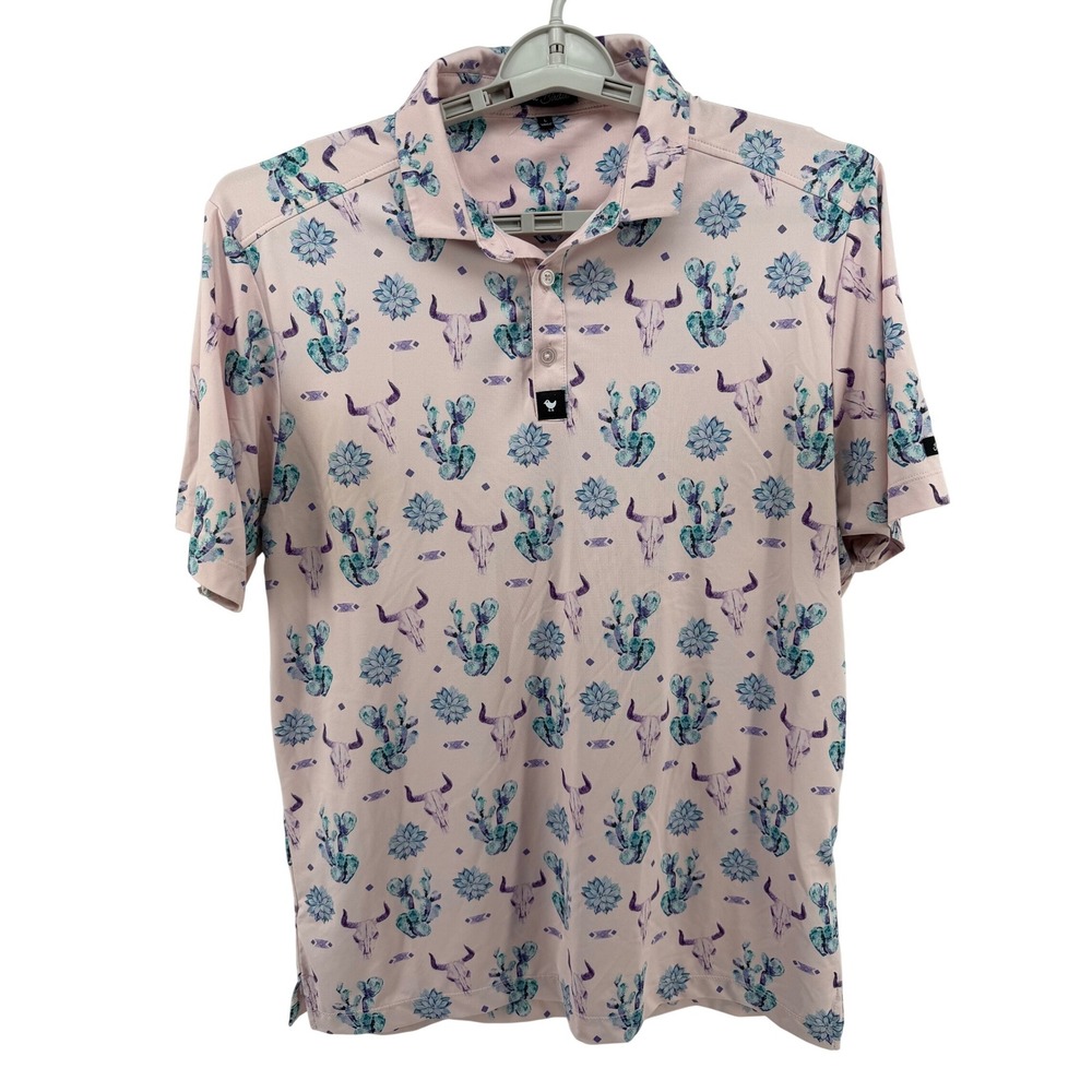 Bad Birdie Mens Pink Cactus Steer Skull Performance Golf Polo Shirt Large L